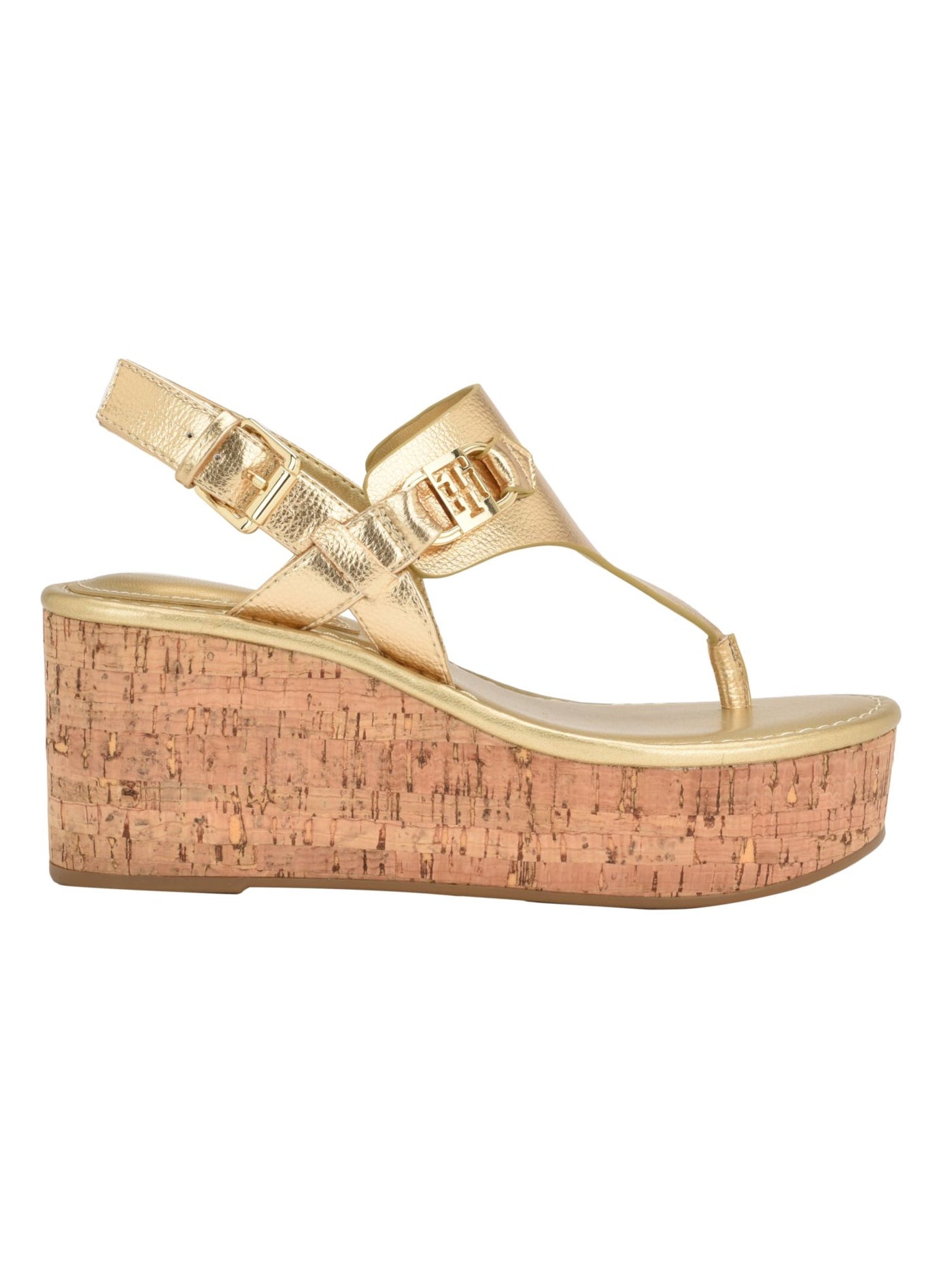 TOMMY HILFIGER Womens Gold 1-1/2" Cork Platform Gold Toned Hardware Padded Vani Round Toe Wedge Buckle Heeled Thong Sandals 10 M