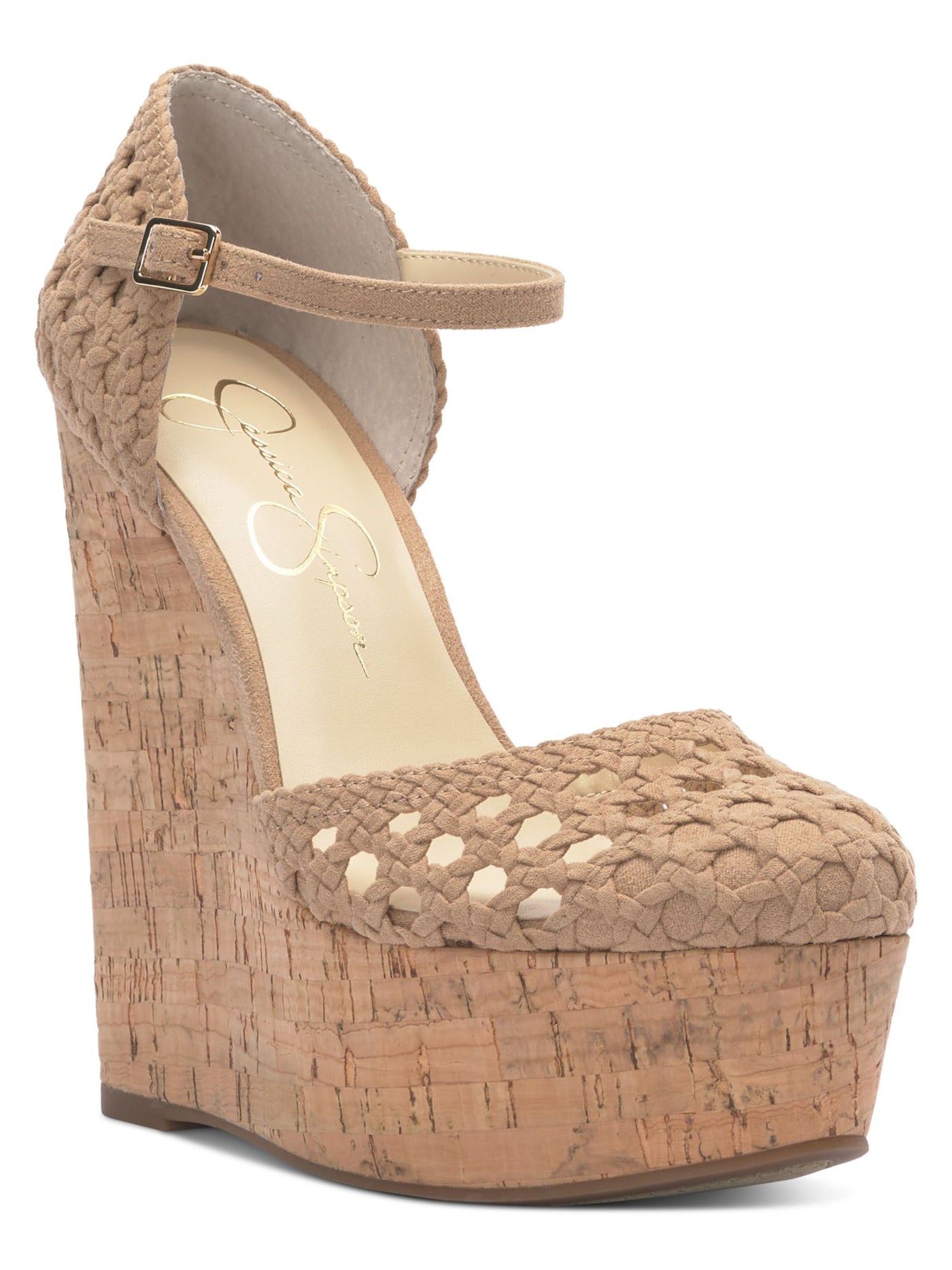 JESSICA SIMPSON Womens Beige 2 Cork-Like Wedge Woven Cut Out Marshela Round Toe Wedge Buckle Heeled Sandal 9 M