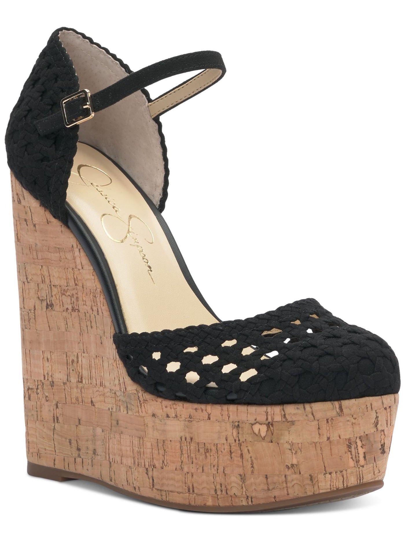 JESSICA SIMPSON Womens Black 2 Cork-Like Wedge Woven Cut Out Marshela Round Toe Wedge Buckle Dress Heeled Sandal 6 M