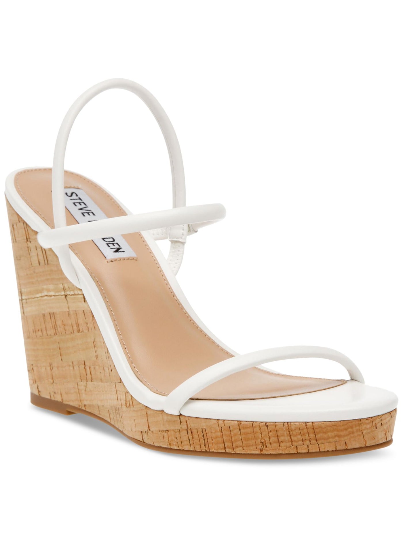 STEVE MADDEN Womens White 1" Cork-Like Platform Padded Strappy Goring Udell Round Toe Wedge Slip On Leather Heeled Sandal 10 M