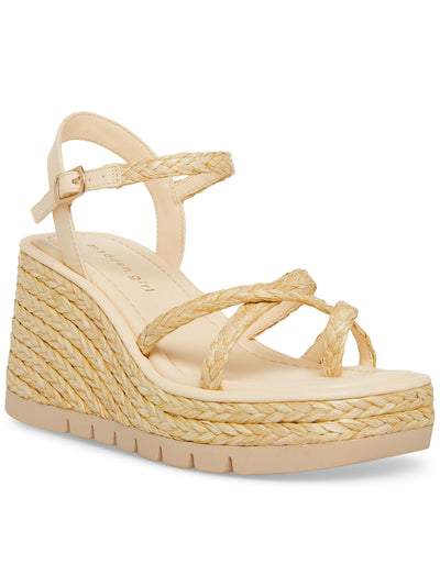 MADDEN GIRL Womens Beige Mixed Media 1-1/2" Platform Crisscross Straps Padded Ankle Strap Lug Sole Vault Square Toe Wedge Buckle Espadrille Shoes 9.5 M