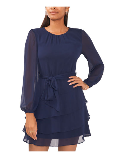 MSK PETITES Womens Navy Belted Lined Back Keyhole Layered Pleated Nec Pouf Sleeve Round Neck Mini Party Fit + Flare Dress Petites PS