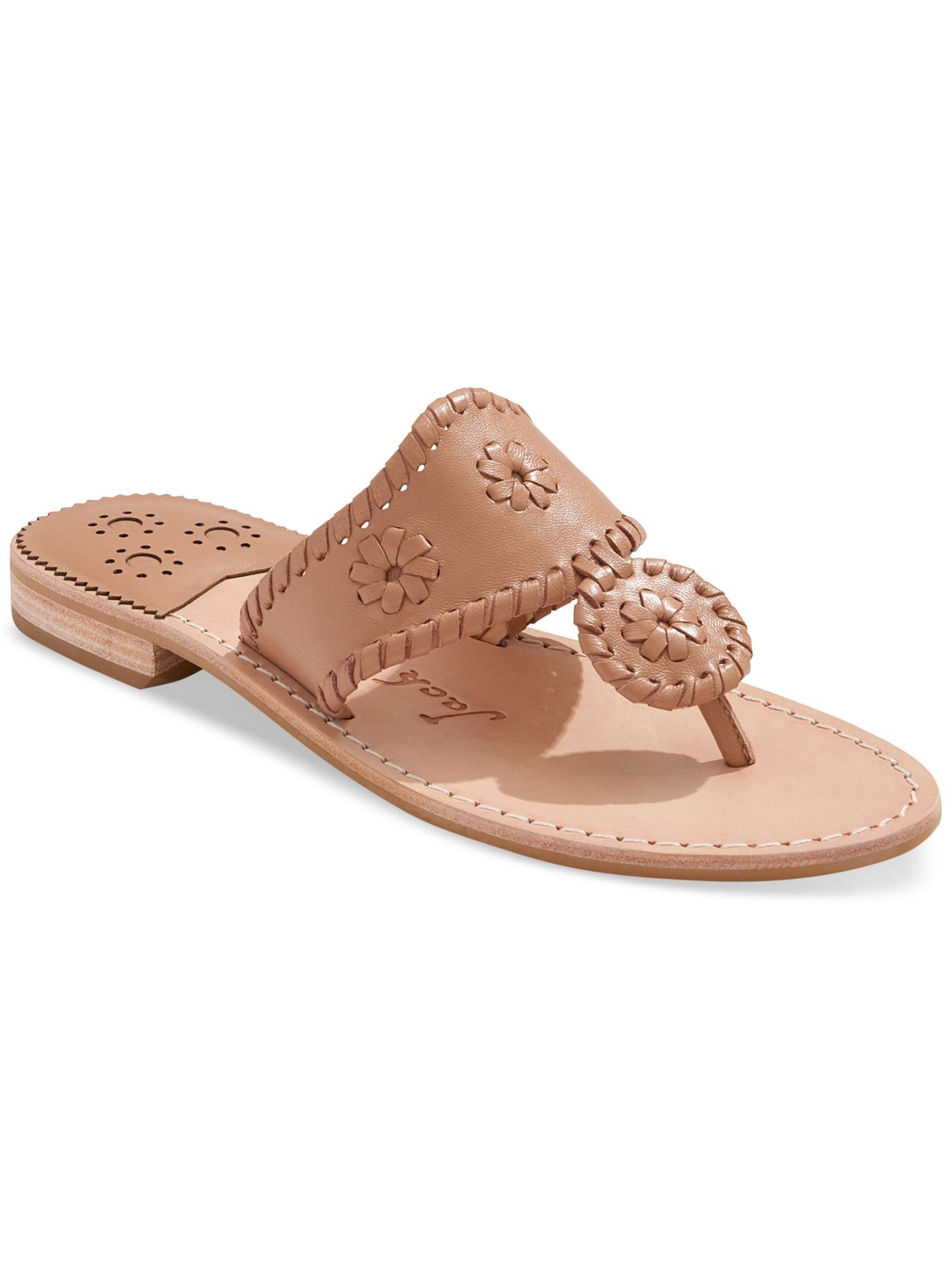 JACK ROGERS Womens Brown Whipstitch Eyelet Cushioned Jacks Round Toe Slip On Leather Thong Sandals Shoes 7 M