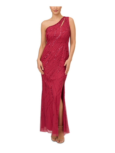 ADRIANNA PAPELL Womens Red Zippered Lined Side Slit Sleeveless Asymmetrical Neckline Full-Length Evening Gown Dress 2