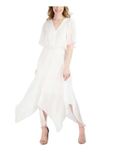 SIGNATURE BY ROBBIE BEE Womens White Lined Smocked Waist Handkerchief Hem Short Sleeve V Neck Maxi Party Fit + Flare Dress Petites PS