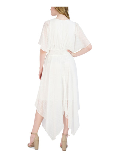 SIGNATURE BY ROBBIE BEE Womens White Lined Smocked Waist Handkerchief Hem Short Sleeve V Neck Maxi Party Fit + Flare Dress Petites PS
