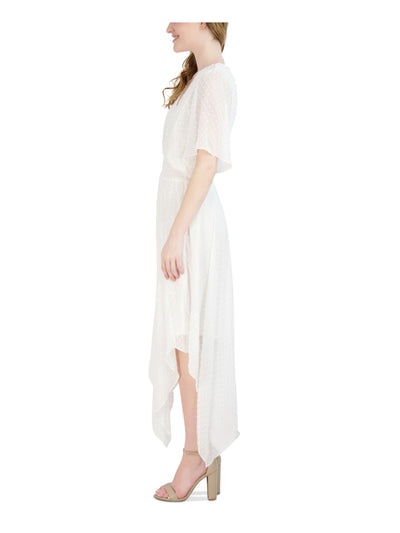SIGNATURE BY ROBBIE BEE Womens White Lined Smocked Waist Handkerchief Hem Short Sleeve V Neck Maxi Party Fit + Flare Dress Petites PS