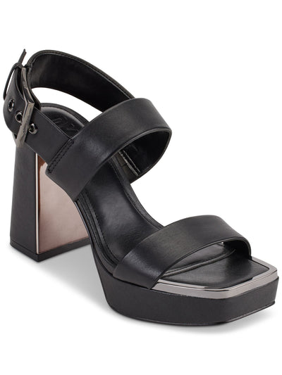 DKNY Womens Black 1" Platform Ankle Strap Padded Bibiana Square Toe Block Heel Buckle Leather Dress Slingback Sandal 11 M