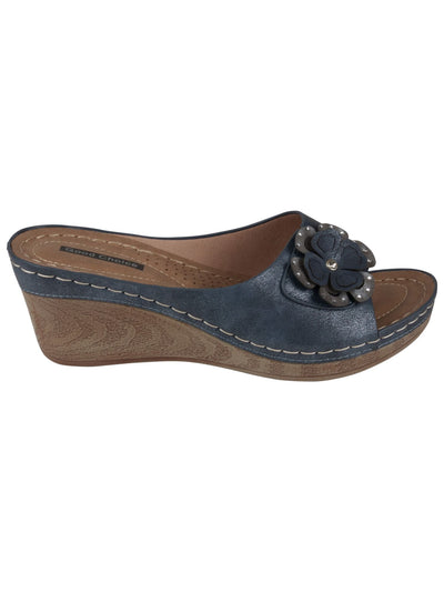 GOOD CHOICE Womens Navy Flower Accent Padded Naples Round Toe Wedge Slip On Heeled Sandal 8