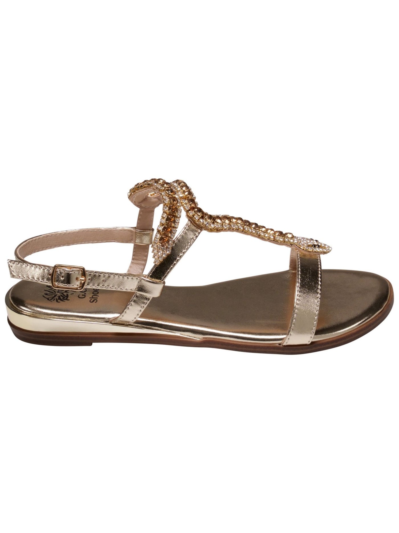 G.C. SHOES Womens Gold Embellished Snake Ornament T-Strap Cushioned Slip Resistant Lidia Round Toe Buckle Slingback Sandal 38