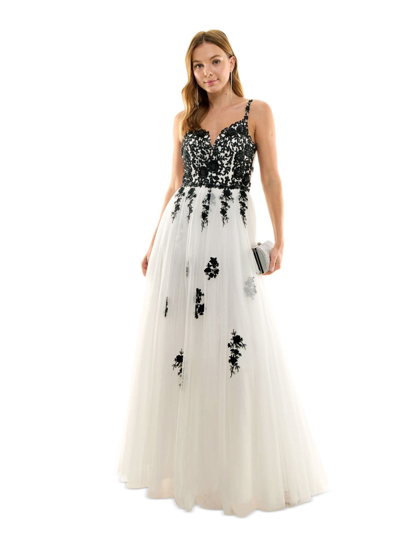 SAY YES TO THE PROM Womens White Embellished Zippered Cutout Tulle Mesh Sheer Lined Floral Spaghetti Strap V Neck Full-Length Formal Gown Dress 5\6