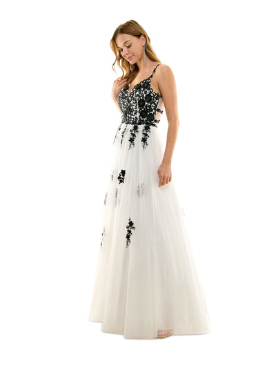 SAY YES TO THE PROM Womens Embellished Spaghetti Strap V Neck Full-Length Formal Gown Dress