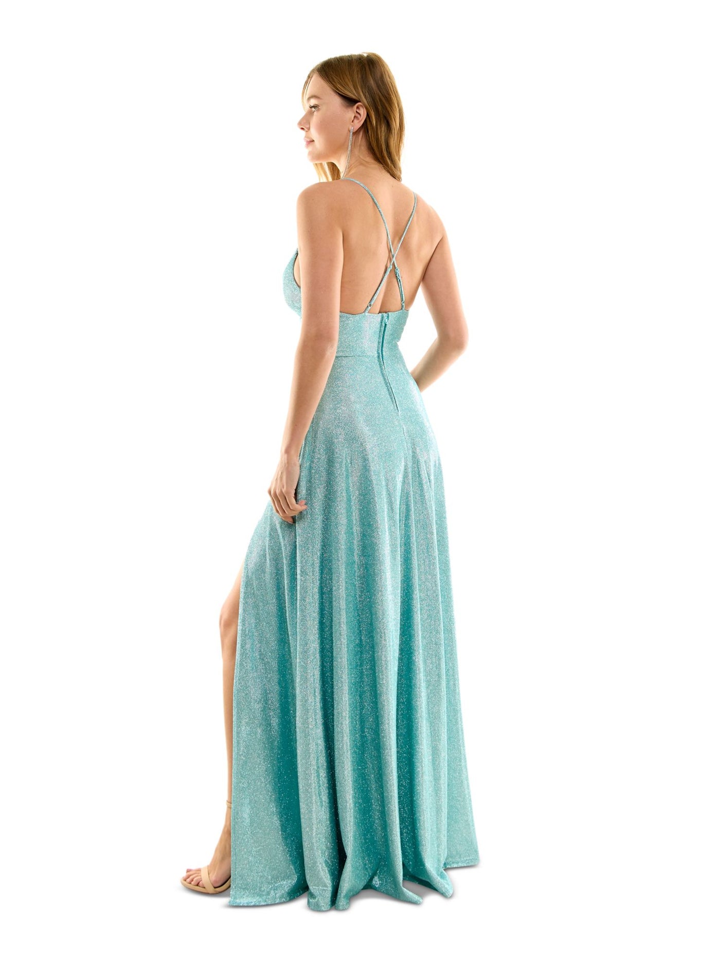 B DARLIN Womens Turquoise Slitted Zippered Crisscross Adjustable Straps Spaghetti Strap V Neck Full-Length Gown Prom Dress 0