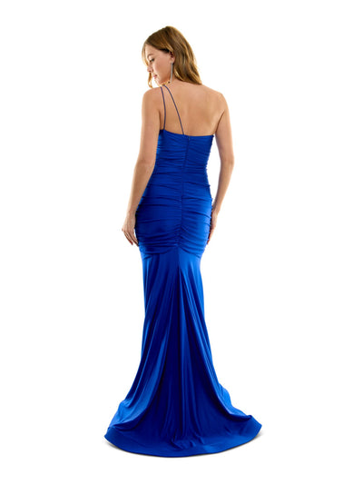 B DARLIN Womens Blue Zippered Ruched Padded Lined Fitted Spaghetti Strap Asymmetrical Neckline Full-Length Party Gown Dress 0