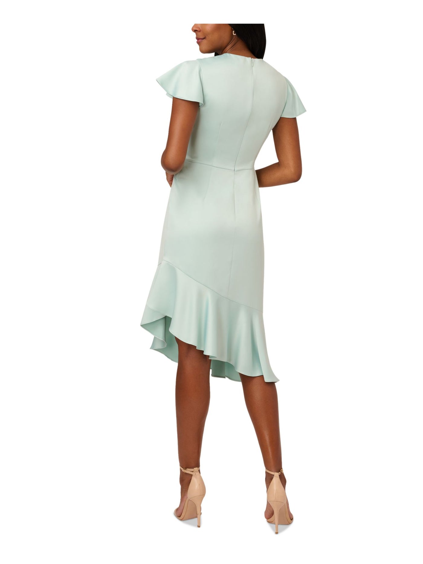 ADRIANNA PAPELL Womens Green Pleated Zippered Asymmetrical Flounce Hem Lined Flutter Sleeve Surplice Neckline Midi Party Fit + Flare Dress 16