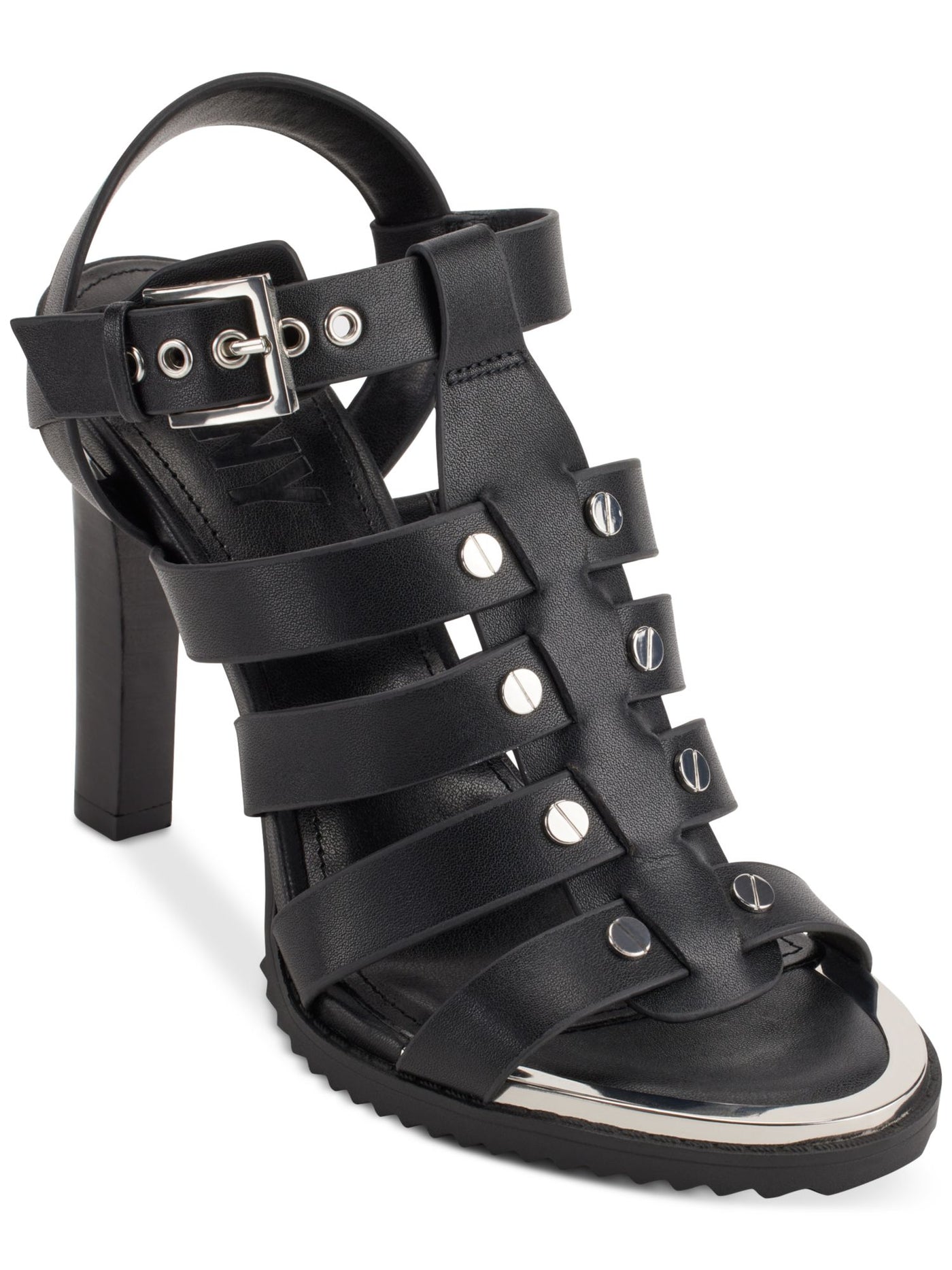 DKNY Womens Black Mixed Media Woven Metallic Detailing At Toe Strappy Studded Bria Almond Toe Block Heel Buckle Leather Dress Slingback Sandal 8 M
