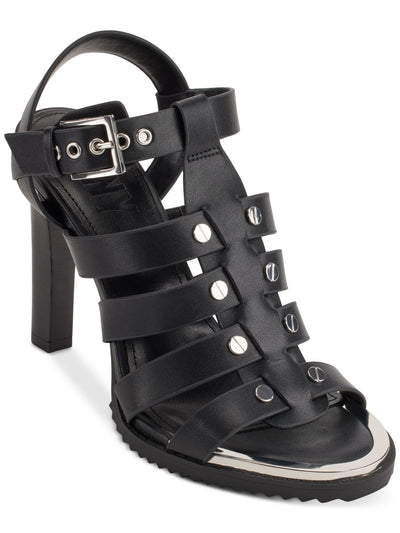 DKNY Womens Black Mixed Media Woven Metallic Detailing At Toe Strappy Studded Bria Almond Toe Block Heel Buckle Leather Dress Slingback Sandal 8 M