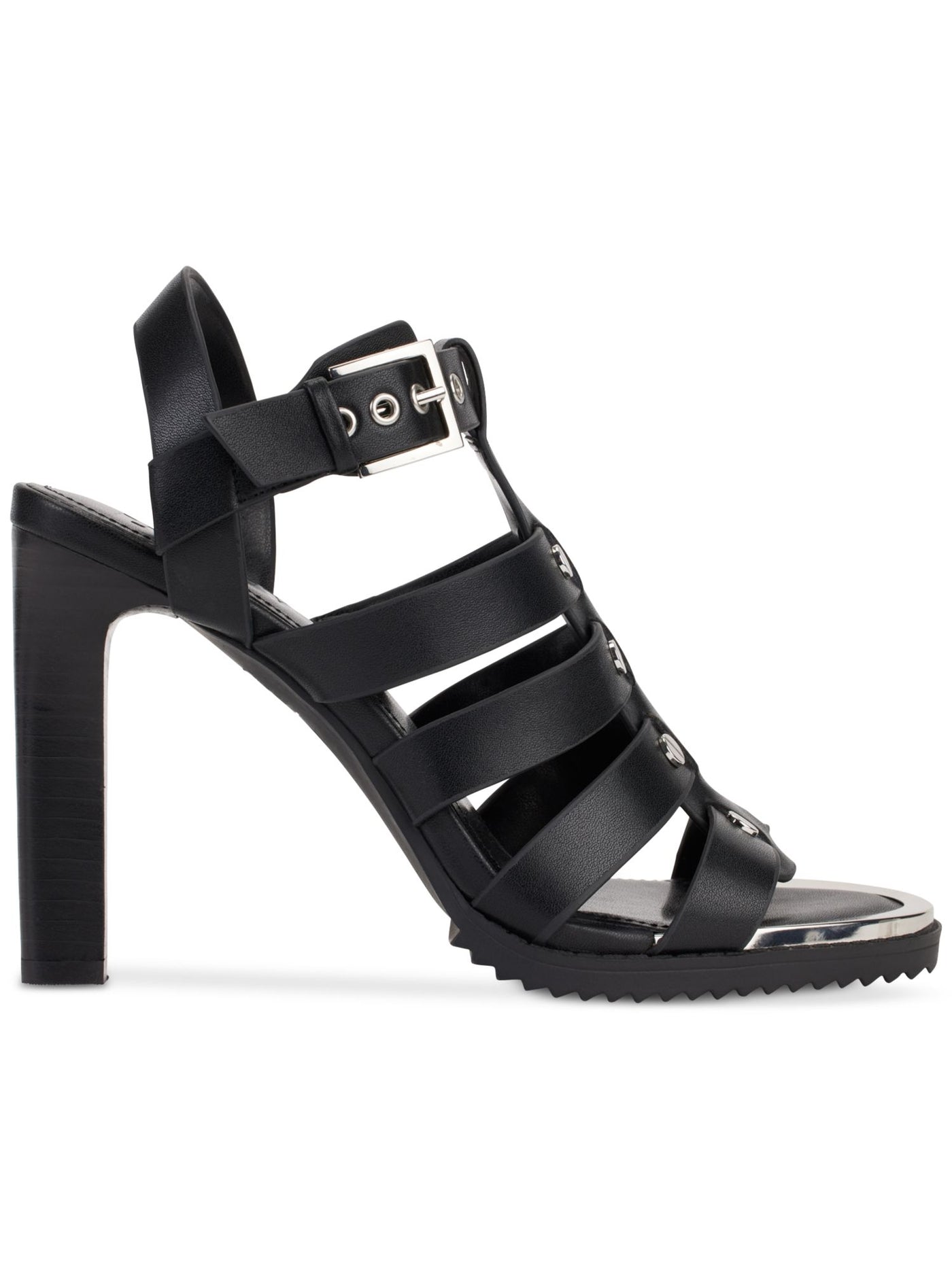 DKNY Womens Black Mixed Media Woven Metallic Detailing At Toe Strappy Studded Bria Almond Toe Block Heel Buckle Leather Dress Slingback Sandal 8 M