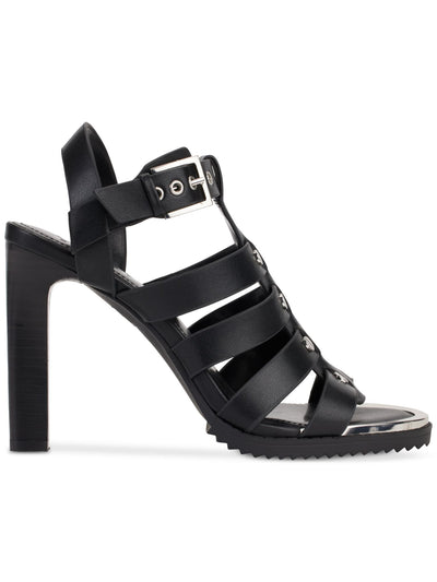 DKNY Womens Black Mixed Media Woven Metallic Detailing At Toe Strappy Studded Bria Almond Toe Block Heel Buckle Leather Dress Slingback Sandal 8 M