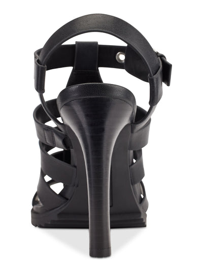 DKNY Womens Black Mixed Media Woven Metallic Detailing At Toe Strappy Studded Bria Almond Toe Block Heel Buckle Leather Dress Slingback Sandal 8 M
