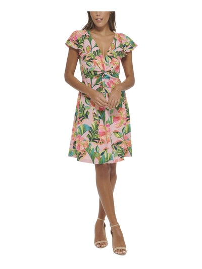 KENSIE DRESSES Womens Pink Twist Front Zippered Lined Floral Flutter Sleeve V Neck Above The Knee Fit + Flare Dress 8