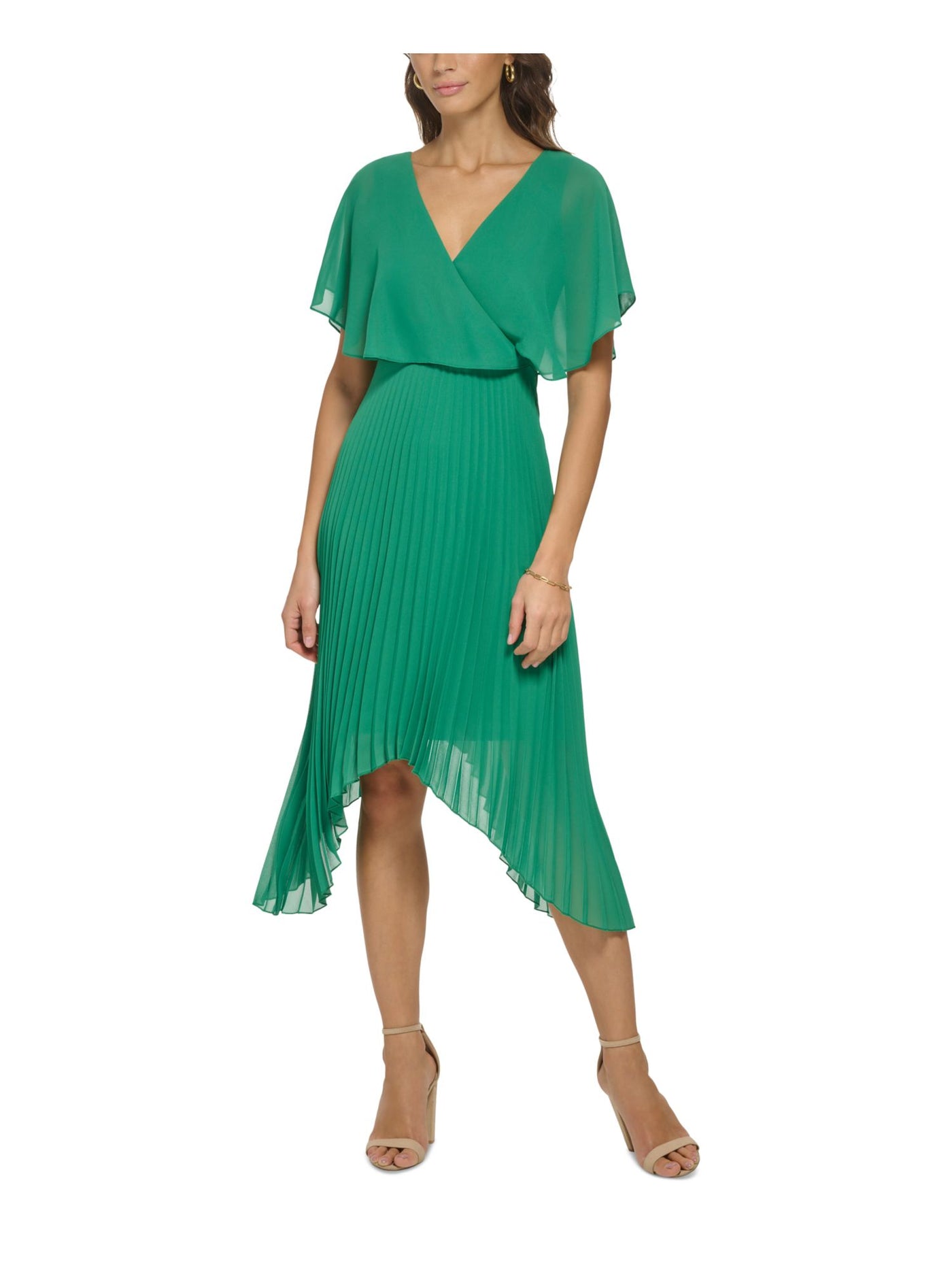 KENSIE DRESSES Womens Green Pleated Zippered Handkerchief Hem Sheer Lined Flutter Sleeve Surplice Neckline Midi Party Fit + Flare Dress 6