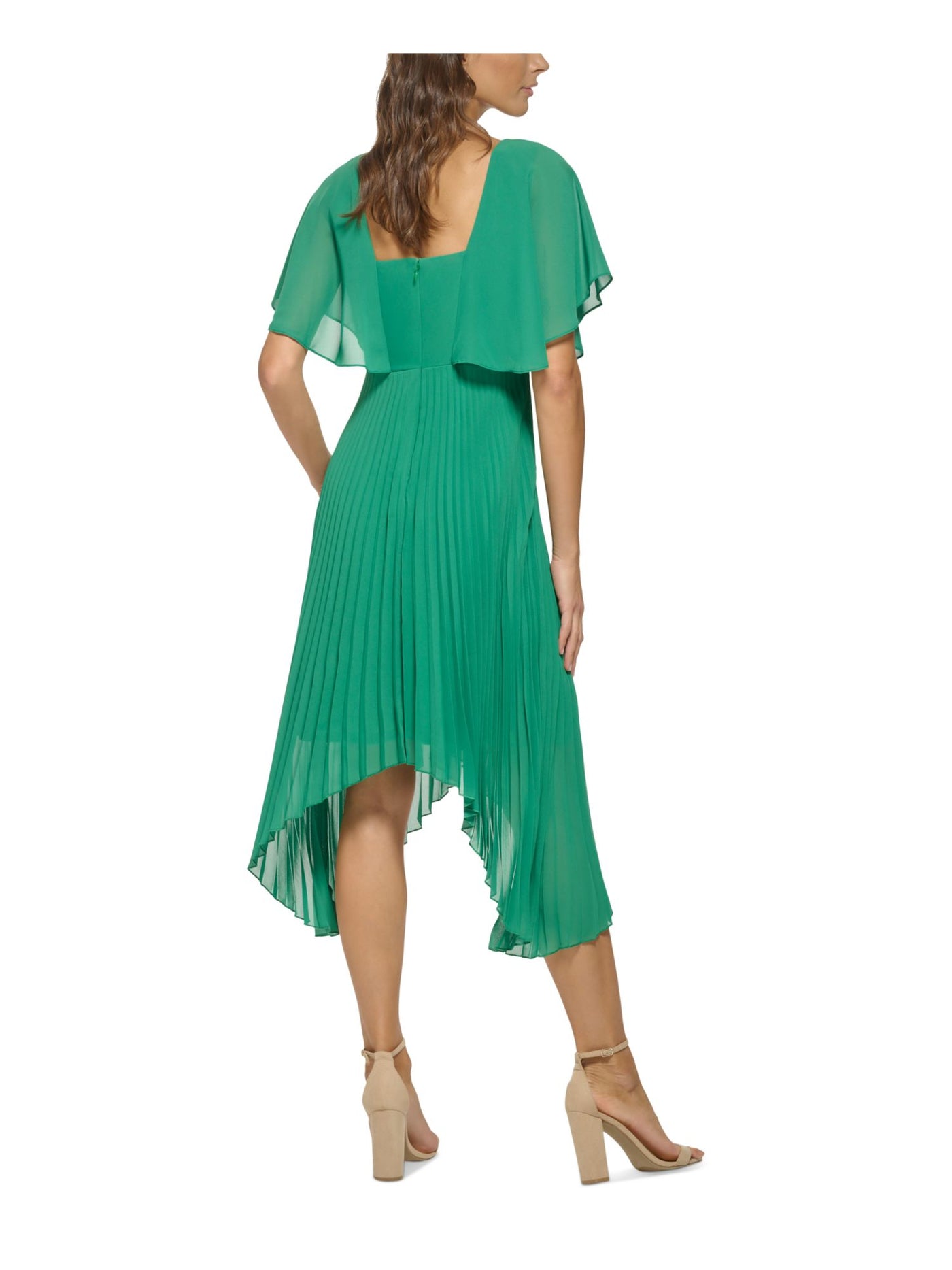 KENSIE DRESSES Womens Green Pleated Zippered Handkerchief Hem Sheer Lined Flutter Sleeve Surplice Neckline Midi Party Fit + Flare Dress 4