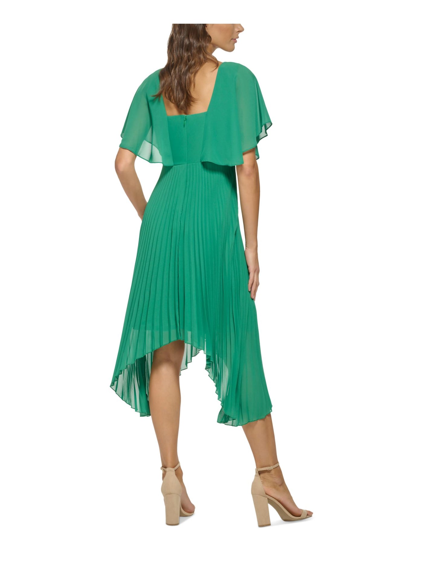 KENSIE DRESSES Womens Green Pleated Zippered Handkerchief Hem Sheer Lined Flutter Sleeve Surplice Neckline Midi Party Fit + Flare Dress 6