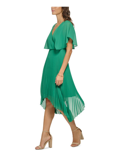 KENSIE DRESSES Womens Green Pleated Zippered Handkerchief Hem Sheer Lined Flutter Sleeve Surplice Neckline Midi Party Fit + Flare Dress 4