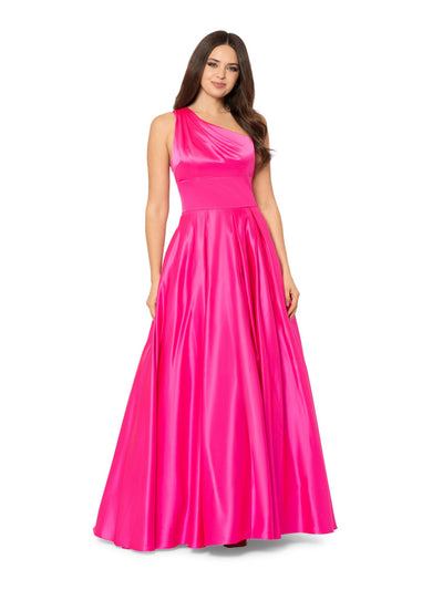 BLONDIE NITES Womens Pink Zippered Pocketed Pleated Lined Tulle Sleeveless Asymmetrical Neckline Full-Length Formal Gown Dress 5