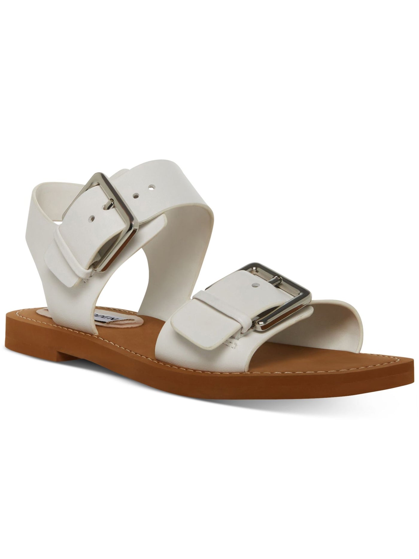 STEVE MADDEN Womens White Double Buckle Santo Square Toe Buckle Leather Slingback Sandal 5 M