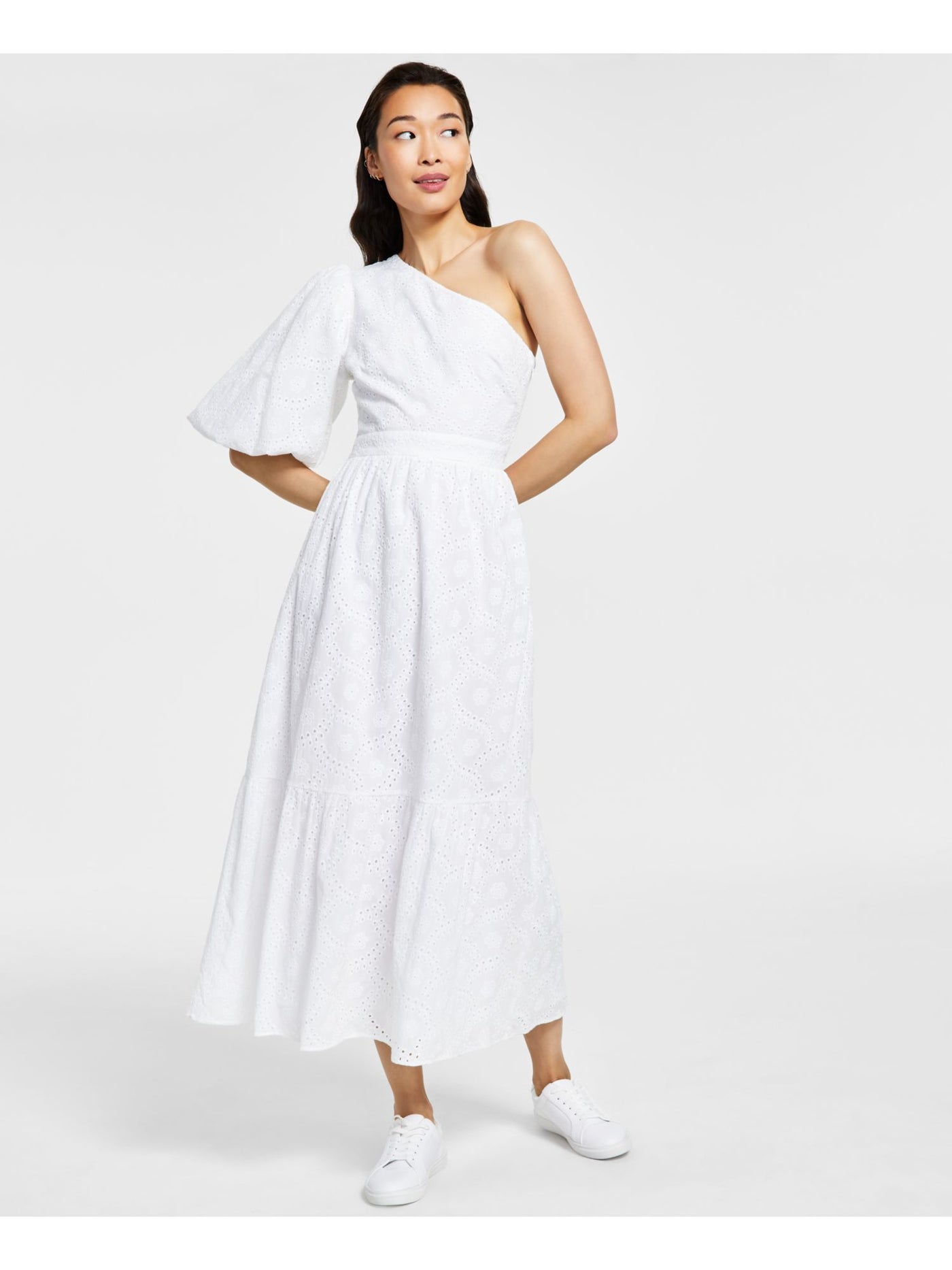 RACHEL RACHEL ROY Womens White Eyelet Zippered Flounce Hem Lined Pouf Sleeve Asymmetrical Neckline Maxi Fit + Flare Dress 4