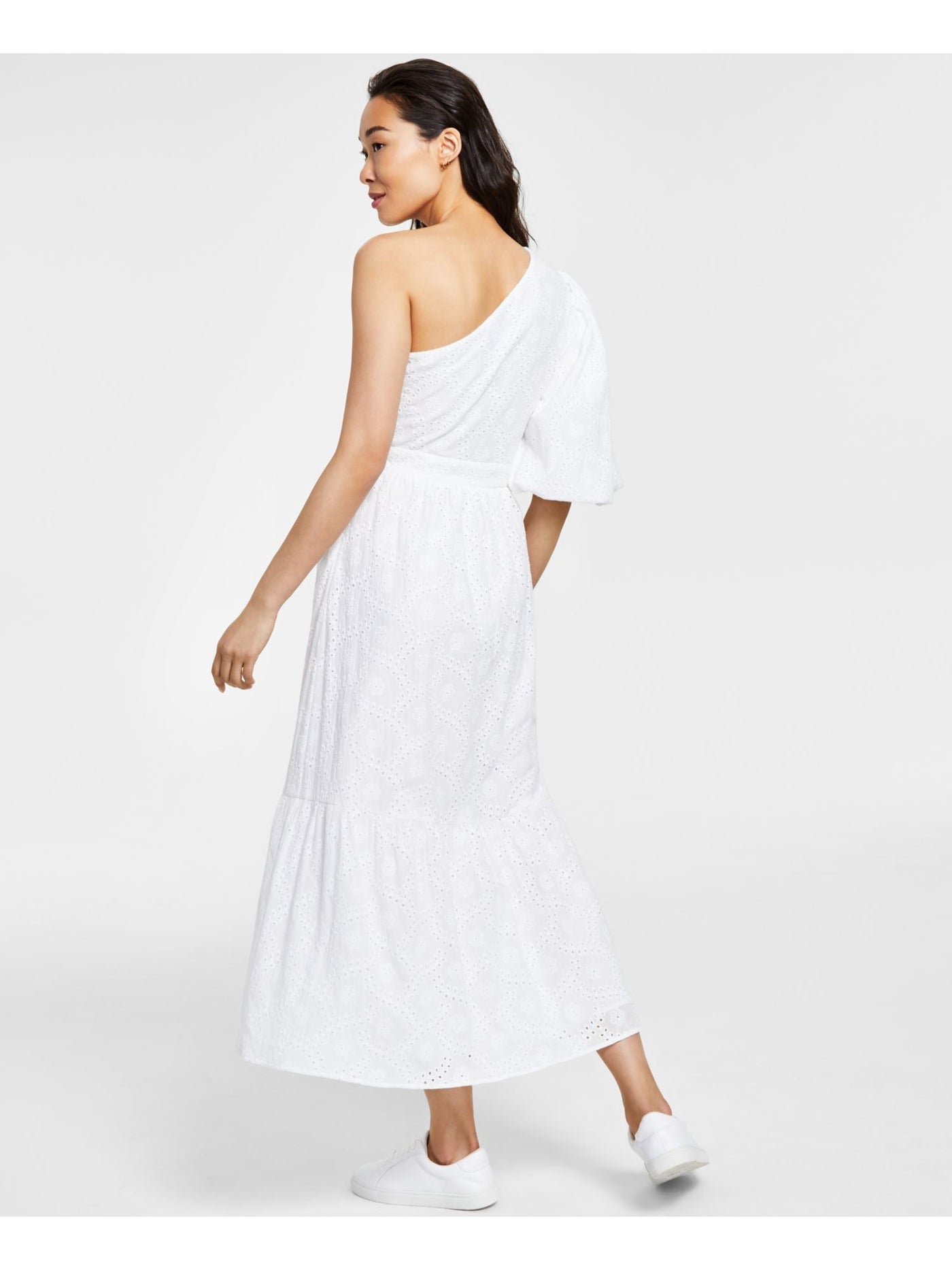 RACHEL RACHEL ROY Womens White Eyelet Zippered Flounce Hem Lined Pouf Sleeve Asymmetrical Neckline Maxi Fit + Flare Dress 4