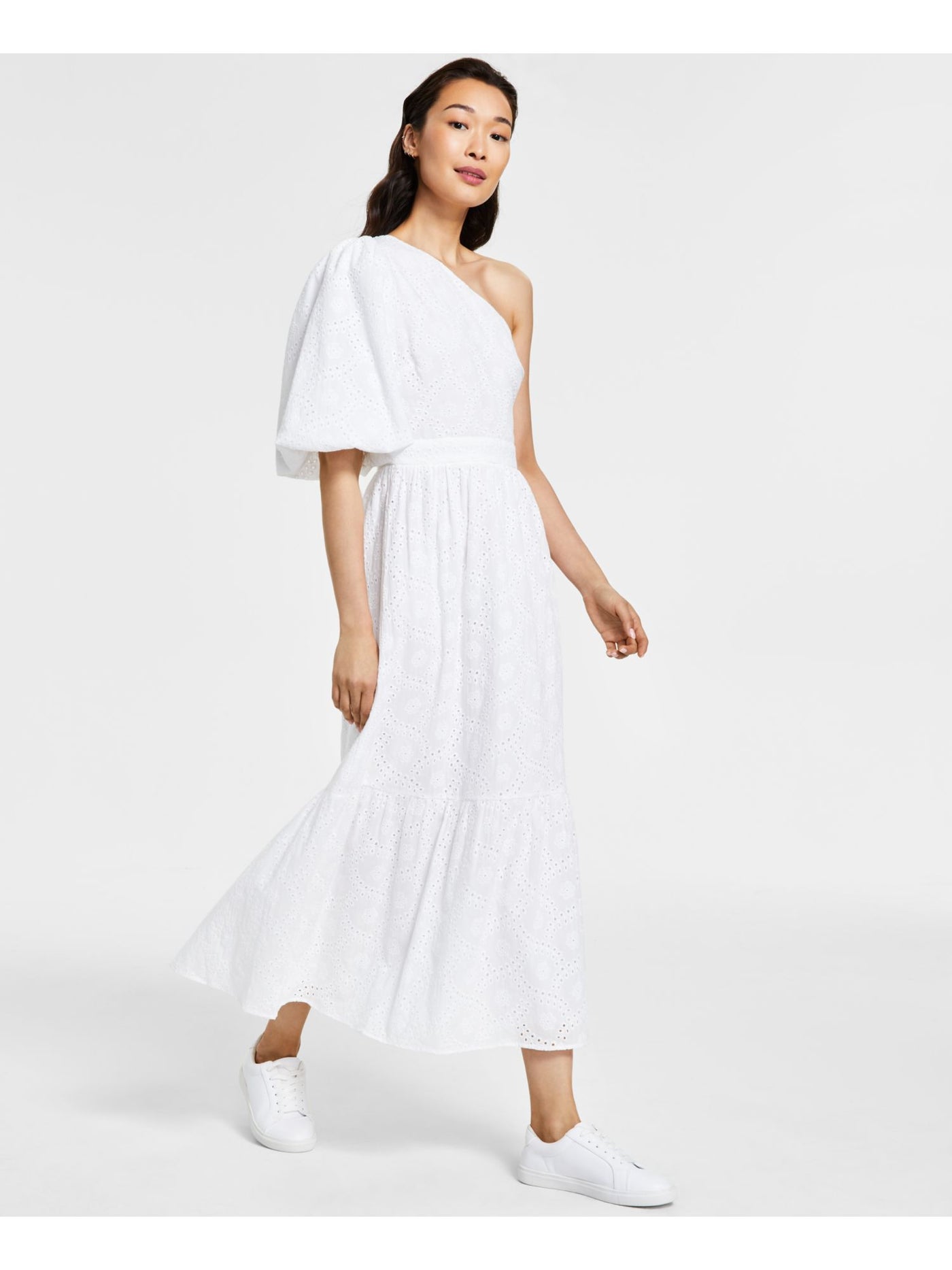 RACHEL RACHEL ROY Womens White Eyelet Zippered Flounce Hem Lined Pouf Sleeve Asymmetrical Neckline Maxi Fit + Flare Dress 4