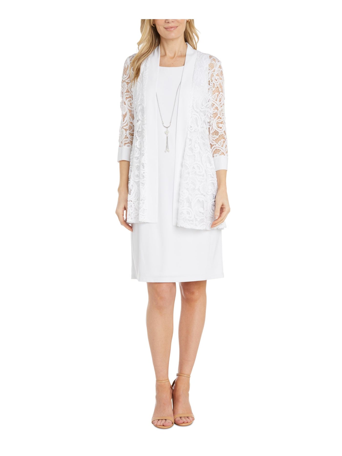 R&M RICHARDS Womens White Lace Solid Trim 3/4 Sleeve Open Front Evening Cardigan 12