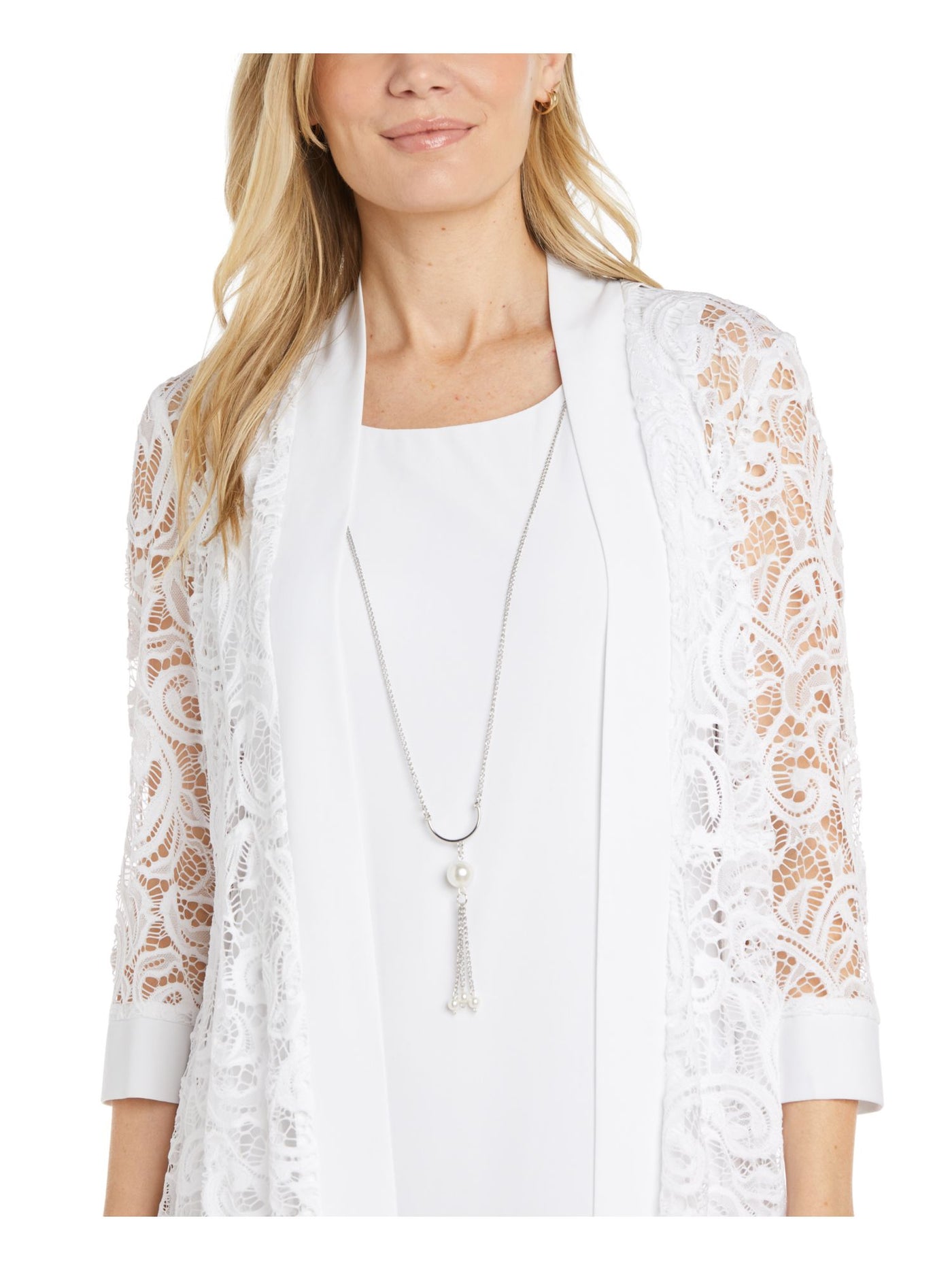 R&M RICHARDS Womens White Lace Solid Trim 3/4 Sleeve Open Front Evening Cardigan 12