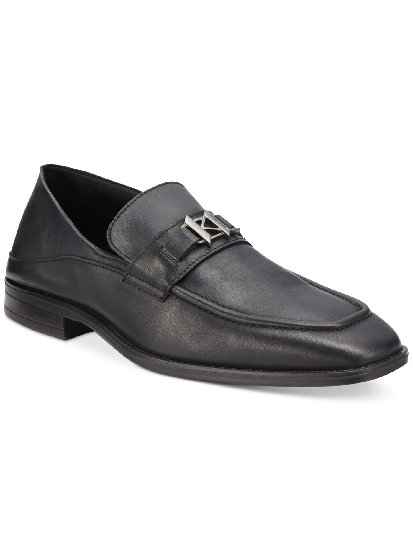 KARL LAGERFELD PARIS Mens Black Apron Toe Metal Logo Hardware Collapsable Heel Padded Bit Square Toe Block Heel Slip On Leather Loafers Shoes 11