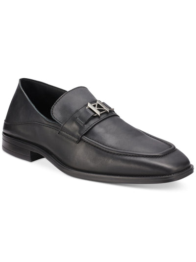 KARL LAGERFELD PARIS Mens Black Apron Toe Metal Logo Hardware Collapsable Heel Padded Bit Square Toe Block Heel Slip On Leather Loafers Shoes 11