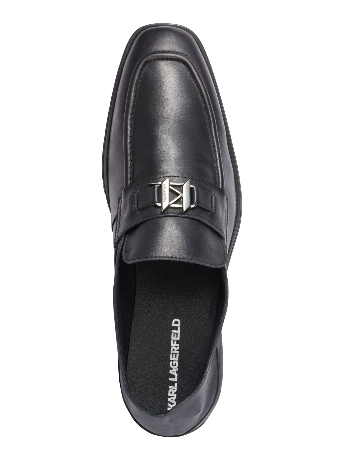 KARL LAGERFELD PARIS Mens Black Apron Toe Metal Logo Hardware Collapsable Heel Padded Bit Square Toe Block Heel Slip On Leather Loafers Shoes 11