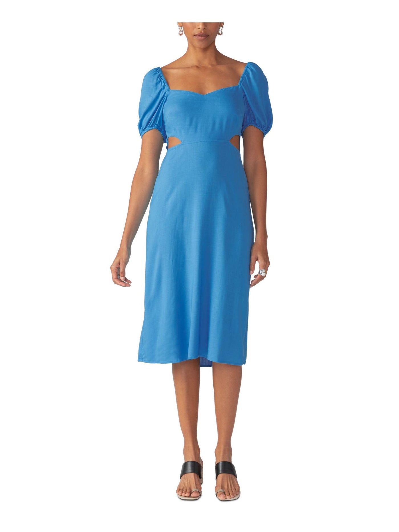 SANCTUARY Womens Blue Cut Out Zippered Tie Smocked Back Pouf Sleeve Sweetheart Neckline Midi Party Sheath Dress 0