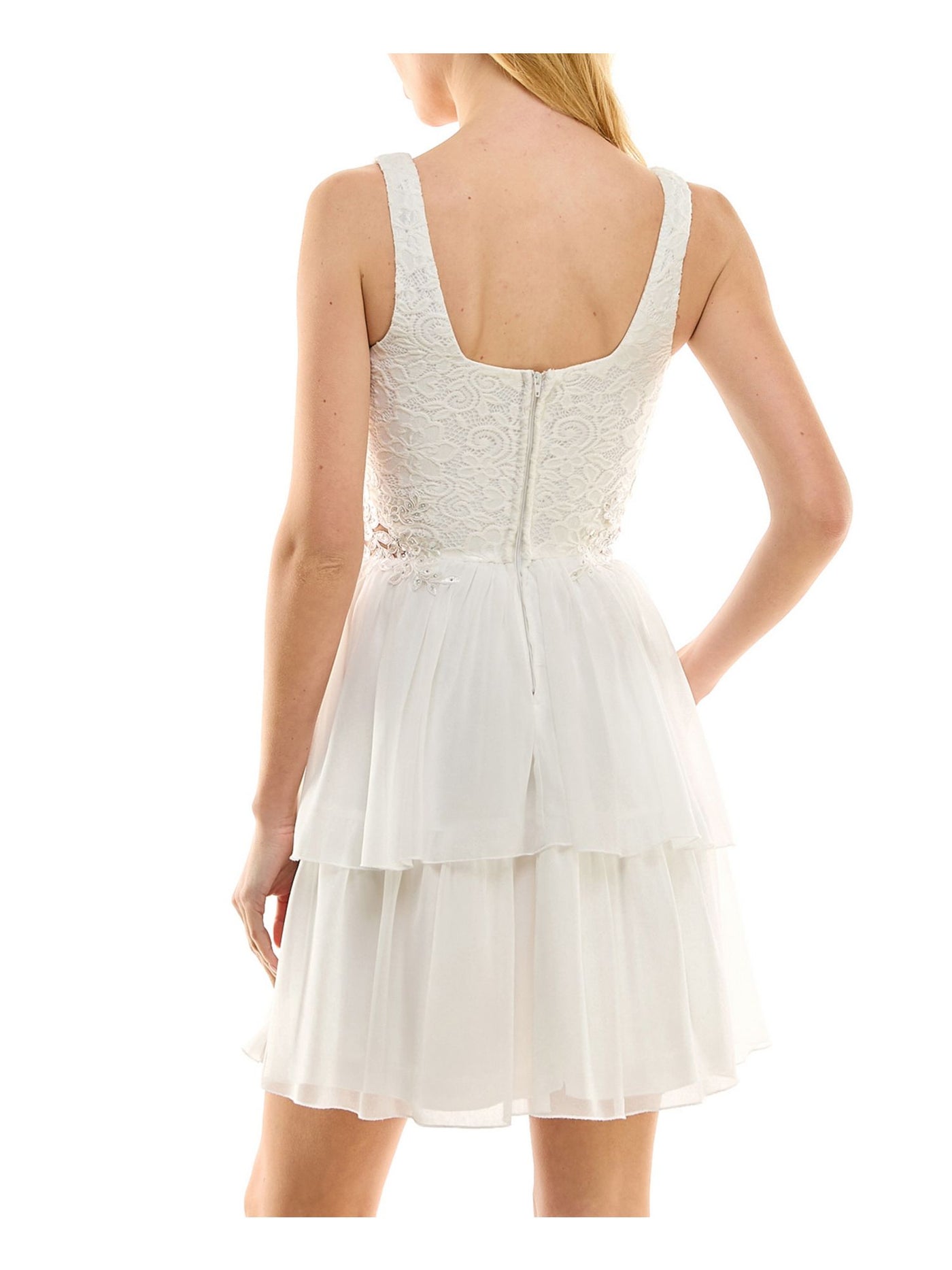 CITY STUDIO Womens Ivory Embellished Zippered Tiered Skirt Lined Sleeveless Square Neck Above The Knee Party Fit + Flare Dress Juniors 13\14
