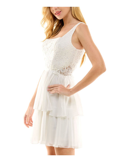 CITY STUDIO Womens Ivory Embellished Zippered Tiered Skirt Lined Sleeveless Square Neck Above The Knee Party Fit + Flare Dress Juniors 13\14