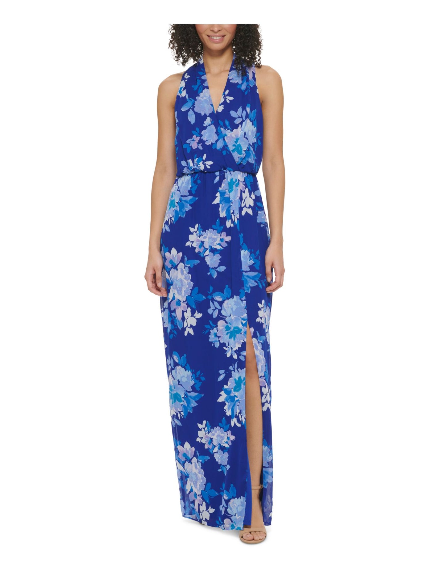 JESSICA HOWARD Womens Blue Pleated Zippered Elastic Waist Slitted Lined Floral Sleeveless Surplice Neckline Maxi Sheath Dress 6