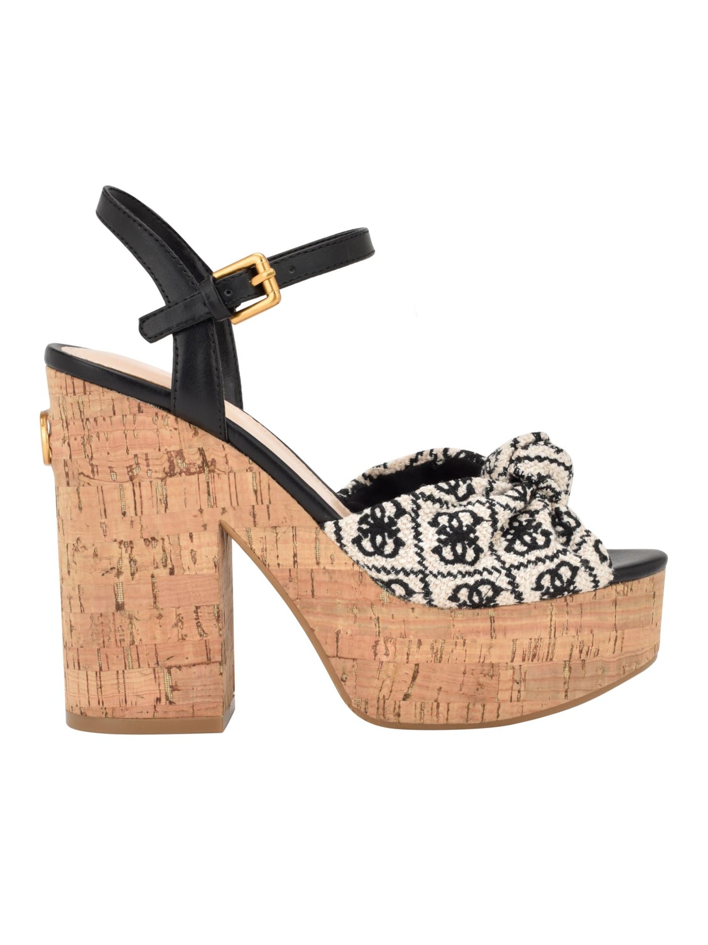 GUESS Womens Black Mixed Media 2" Cork Platform Knot Accent Padded Yipster Open Toe Block Heel Buckle Heeled Sandal 8 M