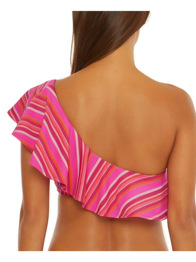 TRINA TURK Women's Pink Striped Stretch Push-Up Asymmetrical Removable Cup Ruffled Marai One Shoulder Swimwear Top 12