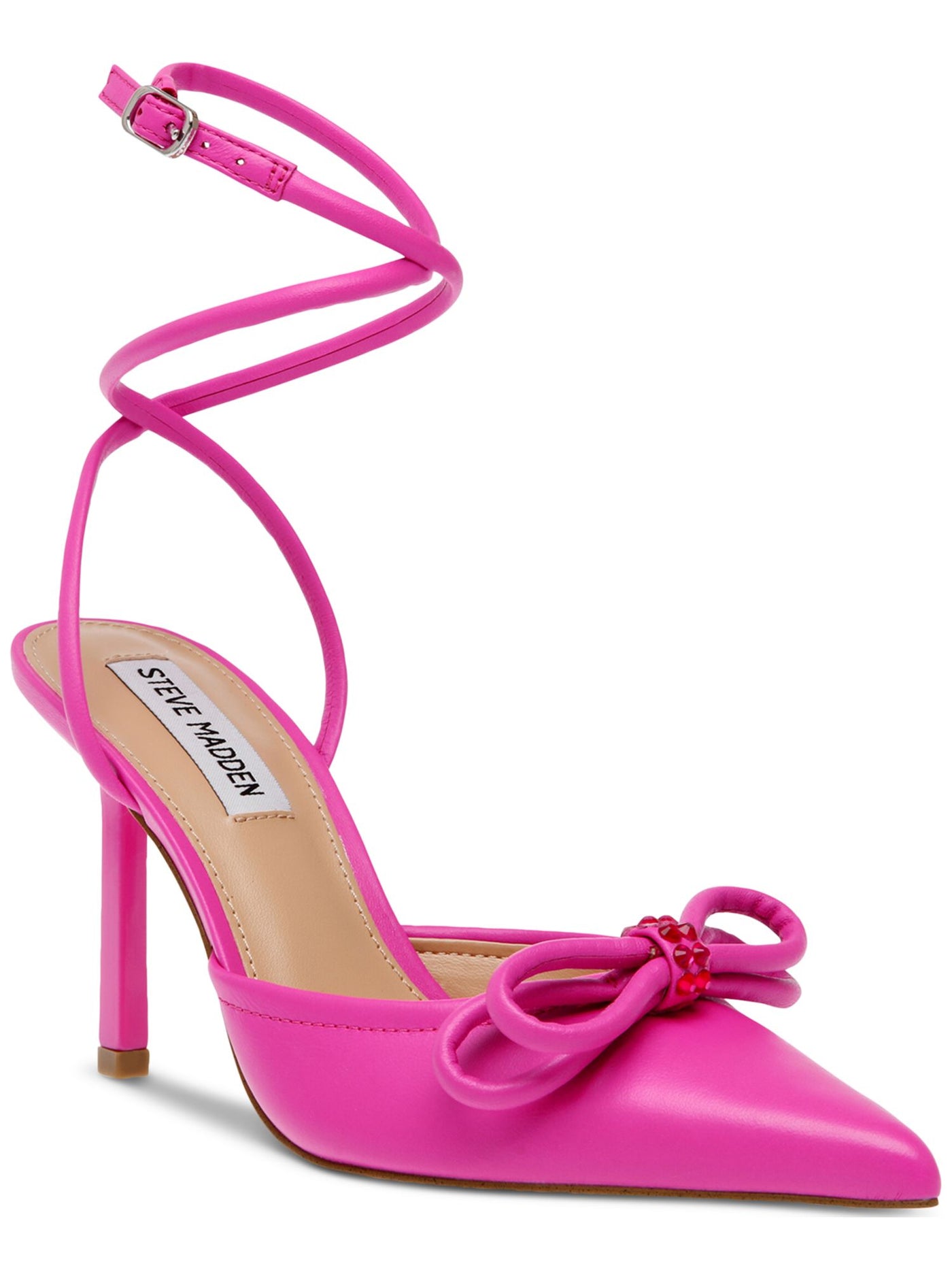 STEVE MADDEN Womens Pink Ankle Wrap Bow Accent Rhinestone Sherise Pointed Toe Stiletto Buckle Leather Dress Slingback 8 M