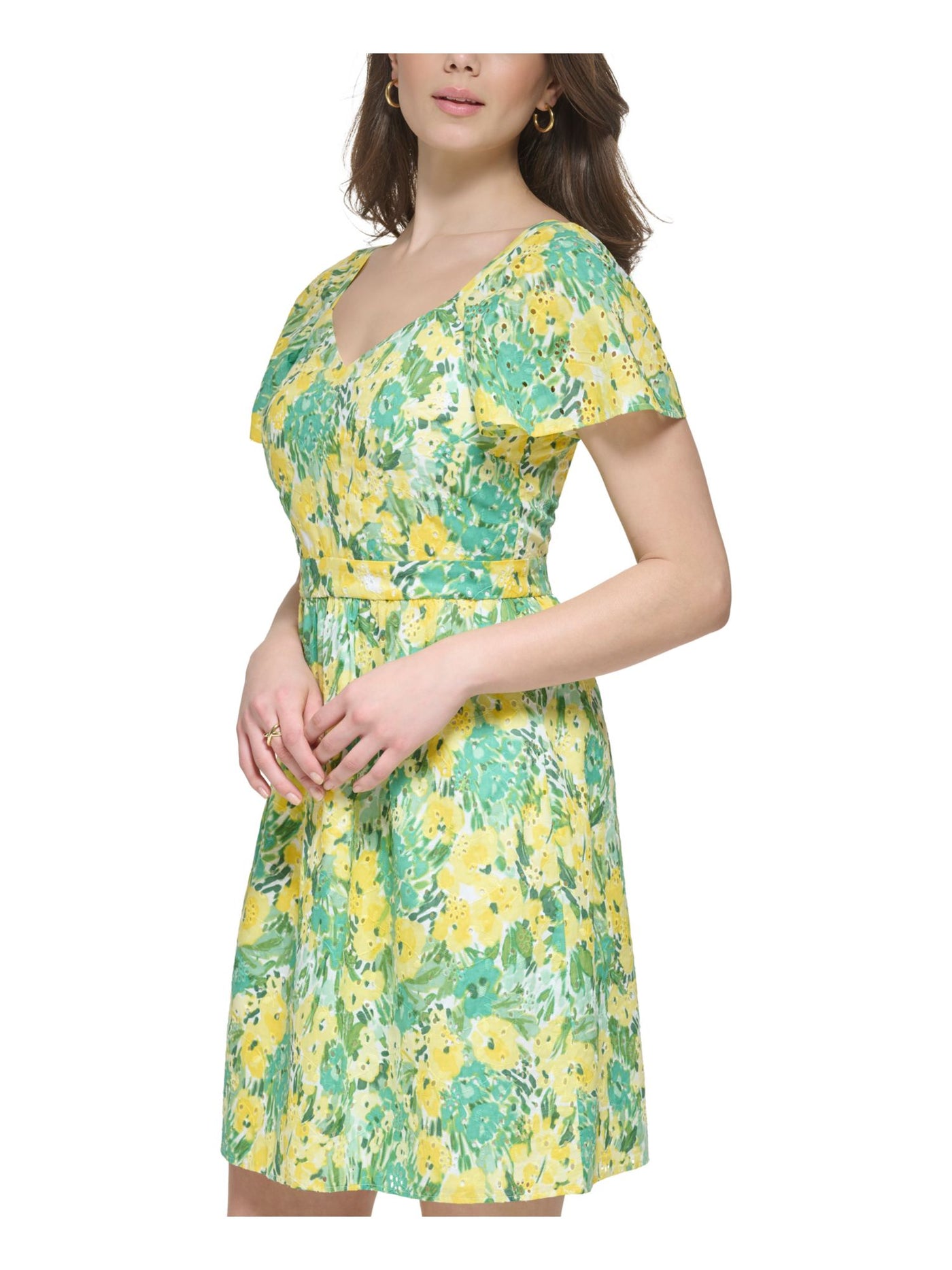 KENSIE DRESSES Womens White Eyelet Zippered Banded Waist Lined Floral Flutter Sleeve V Neck Short Party Fit + Flare Dress 6