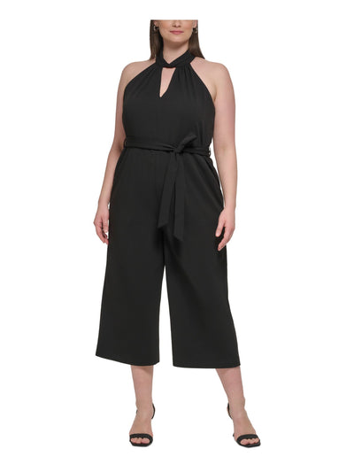 CALVIN KLEIN Womens Black Zippered Pocketed Keyhole Tie-belt Lined Cropped Sleeveless Halter Straight leg Jumpsuit Plus 22W