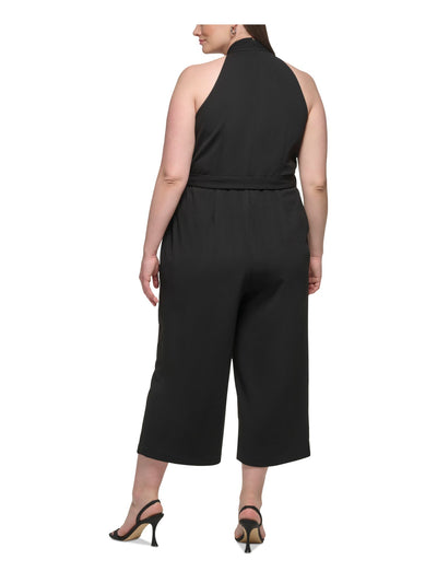 CALVIN KLEIN Womens Black Zippered Pocketed Keyhole Tie-belt Lined Cropped Sleeveless Halter Straight leg Jumpsuit Plus 22W