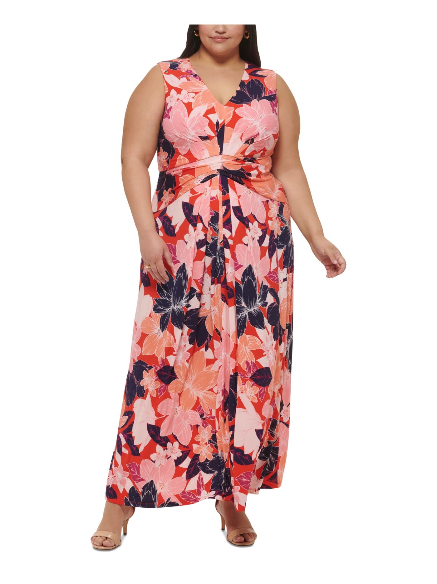 JESSICA HOWARD Womens Orange Pleated Zippered Floral Sleeveless V Neck Maxi Wear To Work Fit + Flare Dress Plus 20W